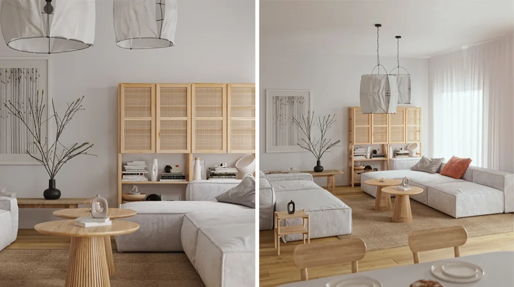 Jasny, nowoczesny salon w stylu japandi z białym narożnikiem i rattanowym regałem – projekt zrealizowany przez TRINN architekci - architekt wnętrz Gdańsk.