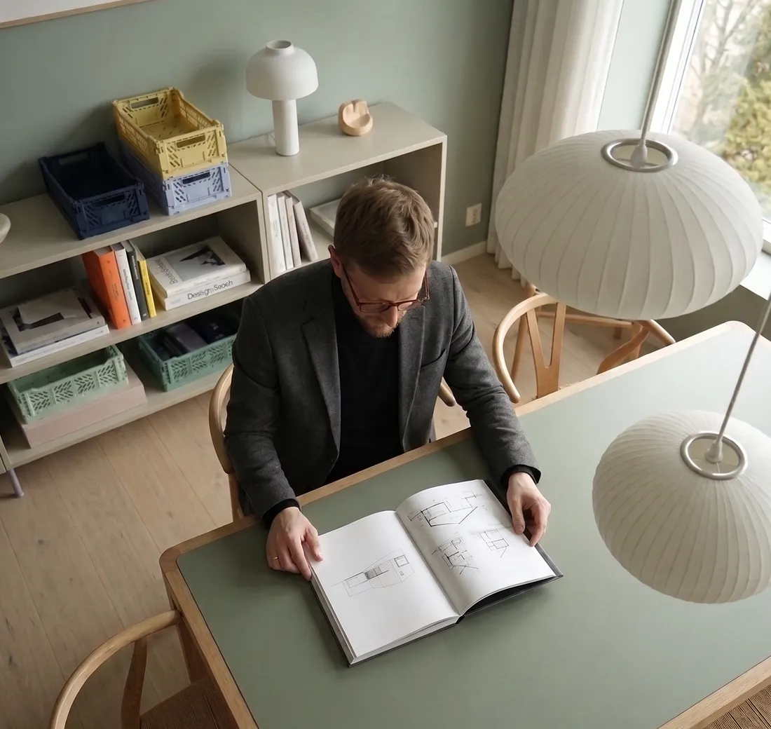 Michał Ostafijczuk, architekt TRINN architekci, przegląda projekt domu przy biurku