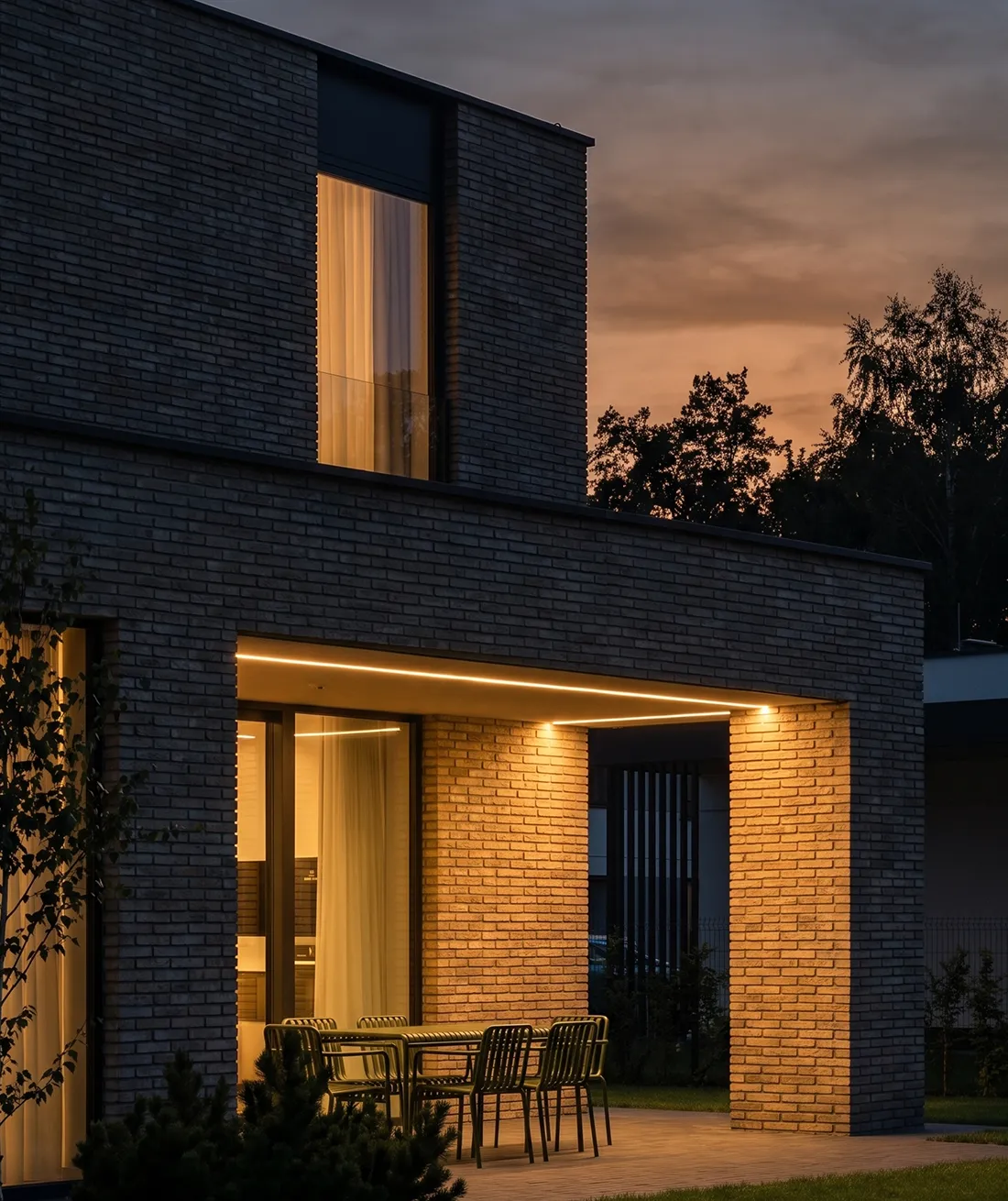 Ciemna ceglana elewacja domu z dużymi oknami i zadaszonym tarasem wieczorem – projekt TRINN architekci